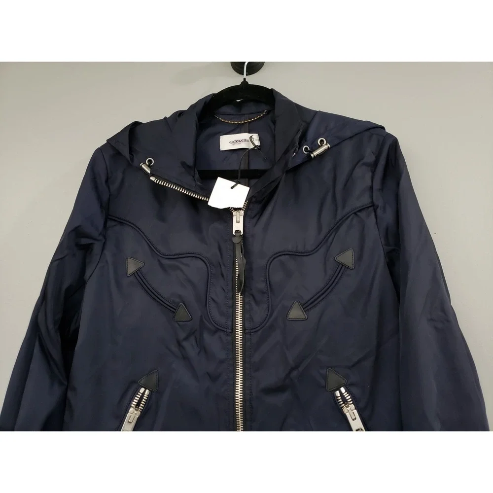 NEW Coach 1941 Navy Metallic Western Leather Trim Hooded Jacket Size 2 Bomber